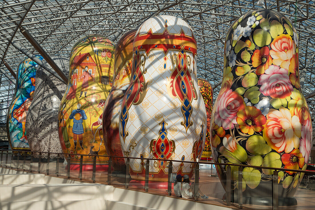 Giant Matryoschka dolls on display at AFIMALL City shopping complex in Moscow City, Moscow, Russia, Europe