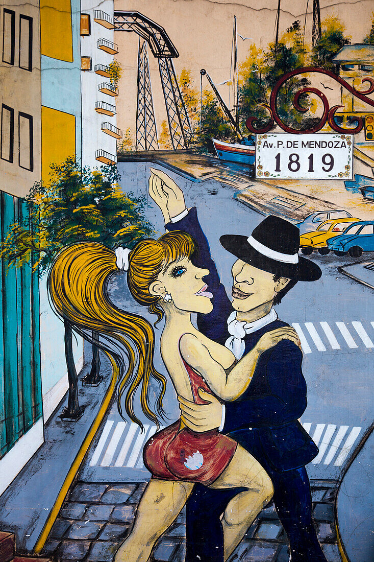 Mural of tango dancers on a wall in La Boca district, Buenos Aires, Buenos Aires, Argentina