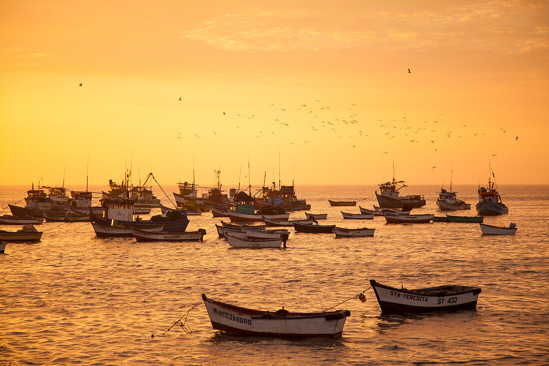 Fishing boats at sunset, Salaverry near Trujillo, La Libertad, Peru