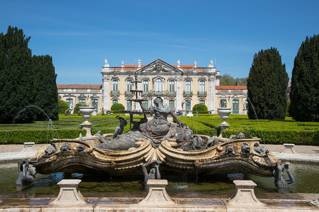 Nereid sea nymph fountain in the gardens of Palacio Nacional de Queluz (Queluz National Palace), Lisbon, Lisboa, Portugal