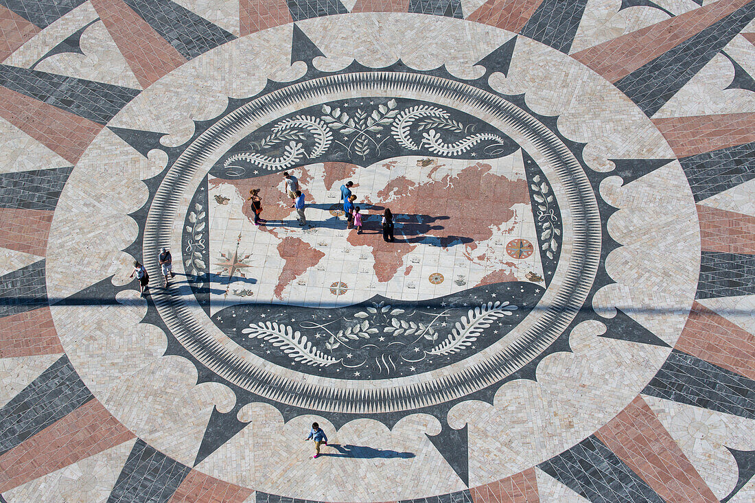 People on the mosaic map of the world seen from the top of Padrao dos Descobrimentos (Discoveries Monument) in Belem, Lisbon, Lisboa, Portugal