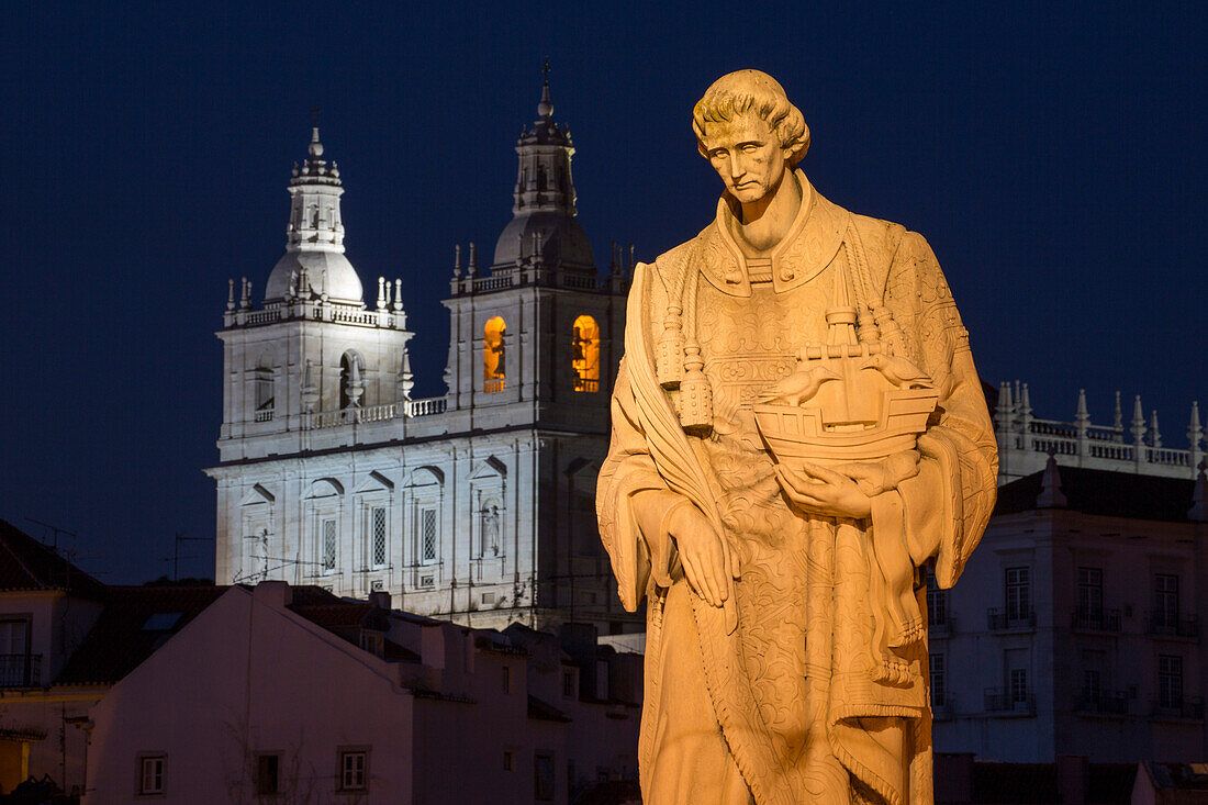 Statue of Sao Vicente near Miradouro de Santa Luzia in Alfama district at night, Lisbon, Lisboa, Portugal