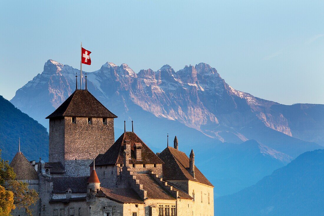 Switzerland. Canton Vaud. Lake of Geneva Lake Leman. Montreux. The Castle of Chillon.