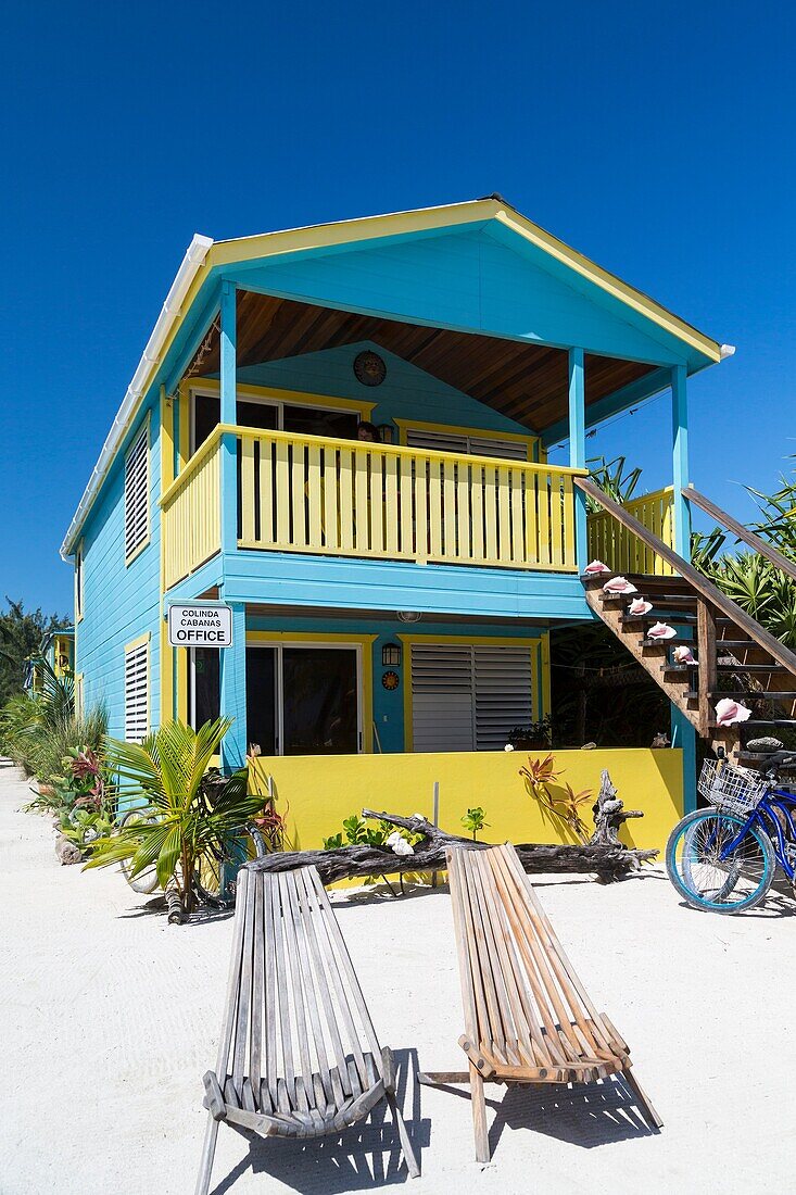 A colorful beach cottage on the island of Cay Caulker, Belize