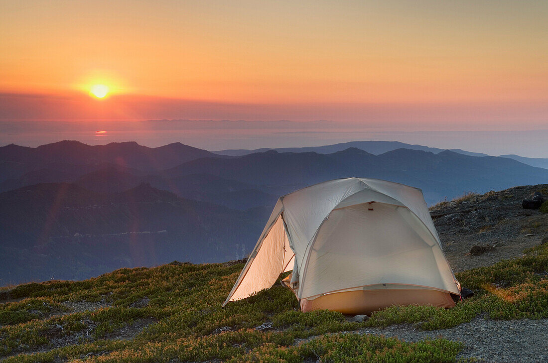 Sunset on backcountry campsite on Skyline Divide, Mount Baker Wilderness, North Cascades Washington