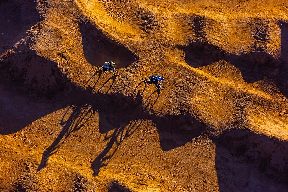 Aerial view of riders on a BMX bicycle motocross course, Albuquerque, New Mexico USA