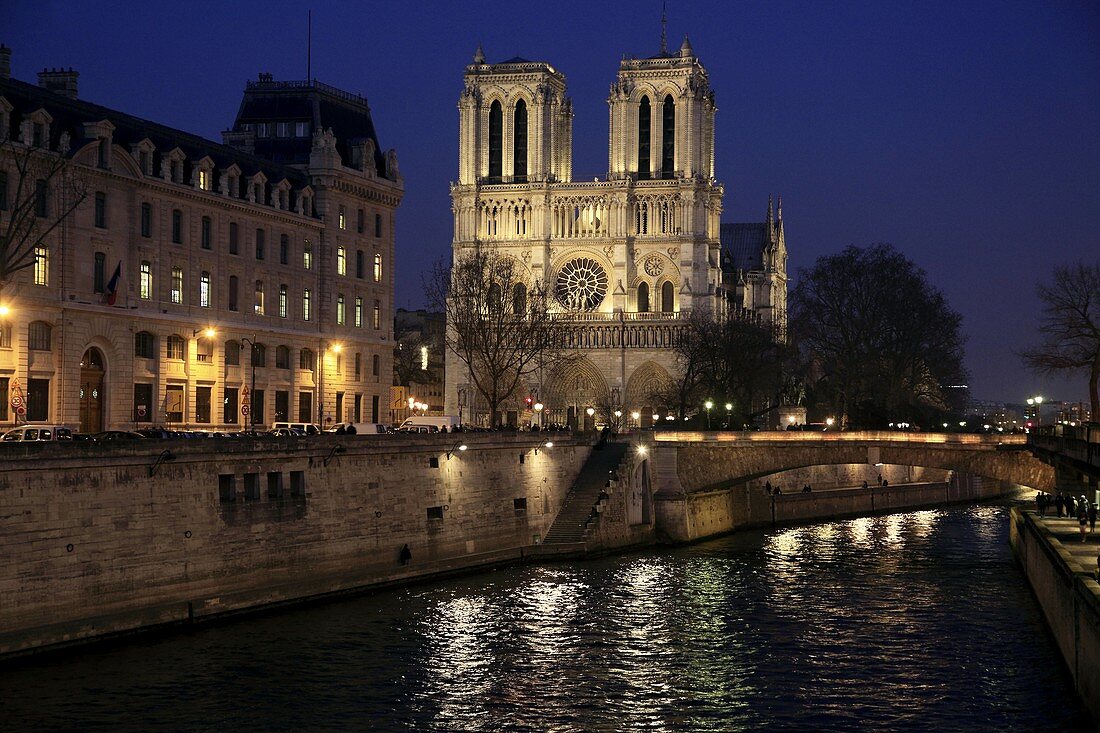 The night view of Notre Dame Cathedral with River Seine in foreground  Paris  France.