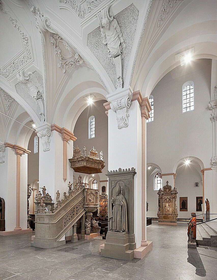 View towards pulpit and nave, Kilian Cathedral, Würzburg, Bavaria, Germany