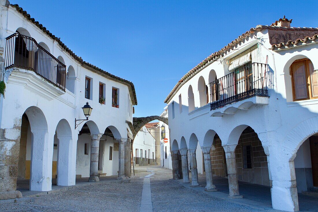 Detail of the arcades of the famous Garrovillas de Alconétar main square, one of the twelve main squares of Spain and declarated BIC Cultural Interest Goods  Cáceres province  Spain