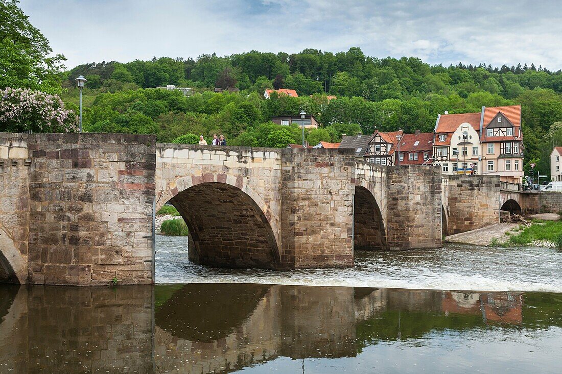 13th century stone bridge across the river Werra, Hannoversch Muenden, Lower Saxony, Germany, Europe
