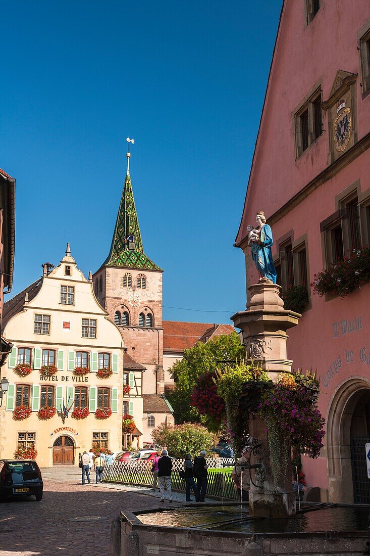 City hall and church Sainte Anne in Turckheim, Alsace, France, Europe