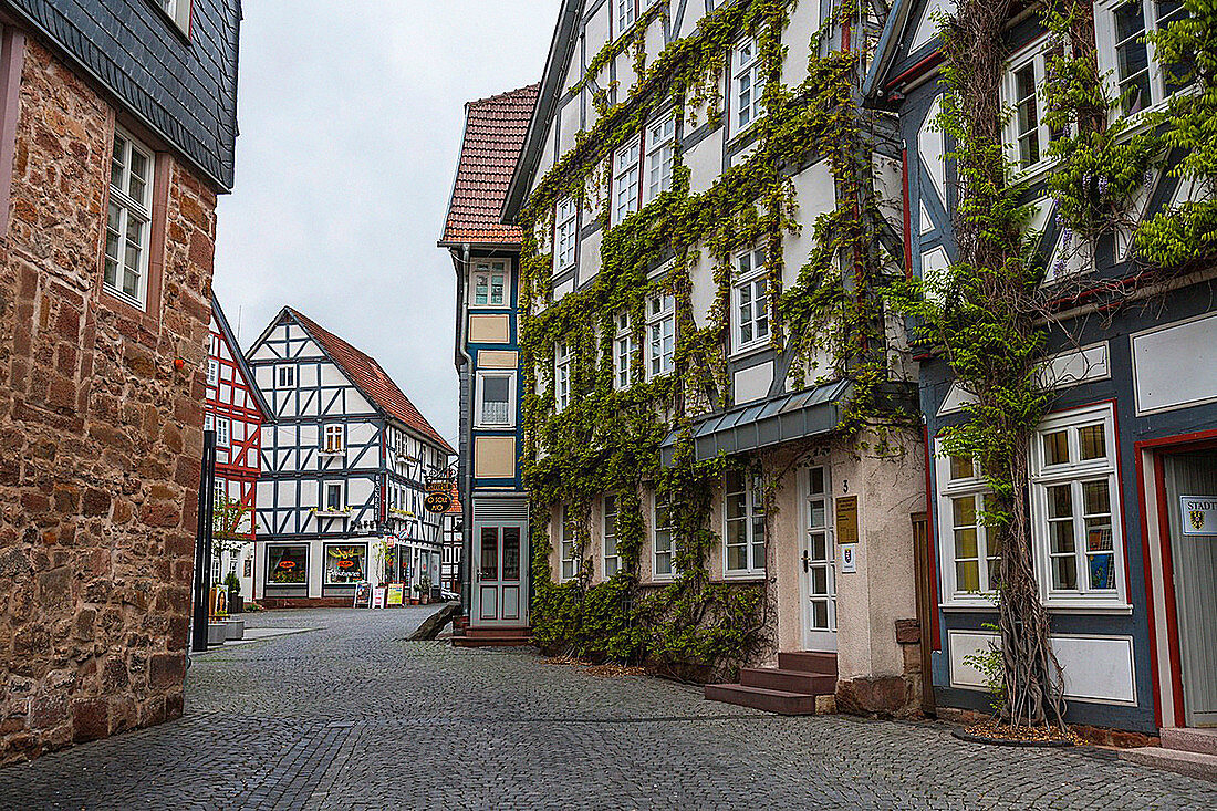 Row of timbered houses in Treysa, Hesse, Germany, Europe