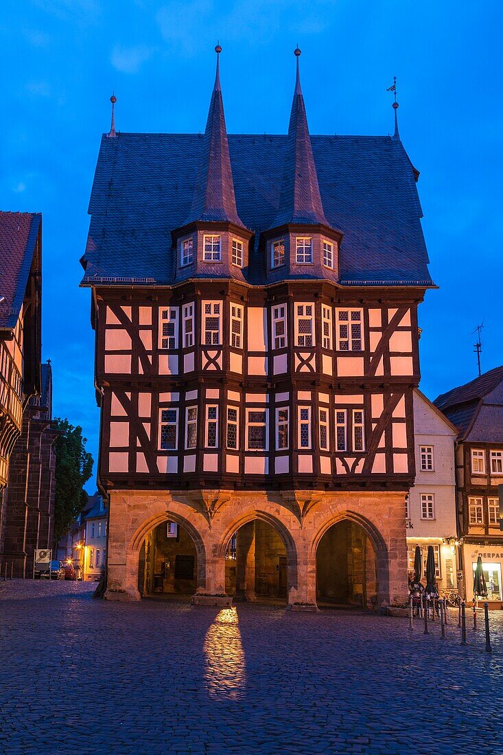 The picturesque city hall in Alsfeld on the German Fairy Tale Route at night, Hesse, Germany, Europe