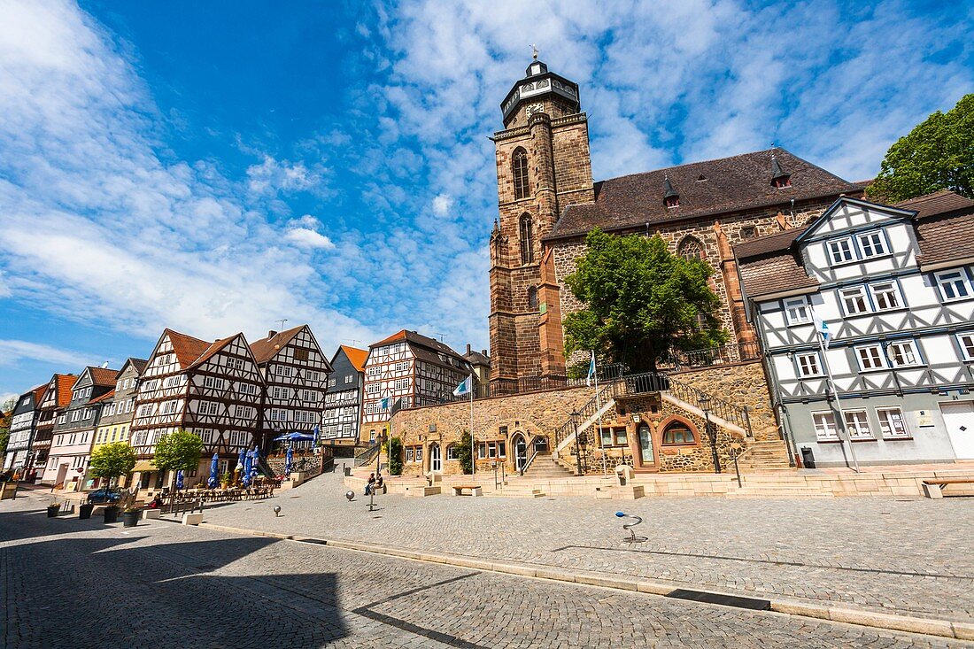 St. Marien church and traditional houses at the market square in Homberg Efze on the German Fairy Tale Route, Hesse, Germany, Europe