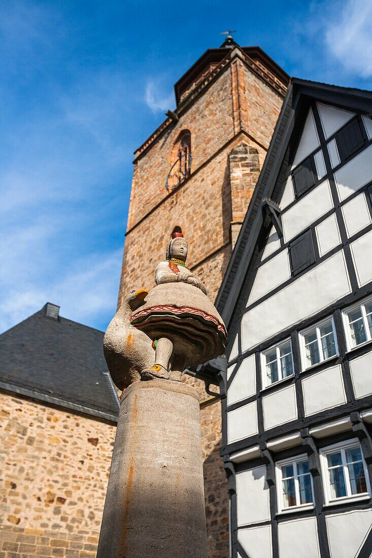 Statue of Goose Lizzy Gänseliesel with the Walpurgiskirche in the background in Alsfeld on the German Fairy Tale Route, Hesse, Germany, Europe