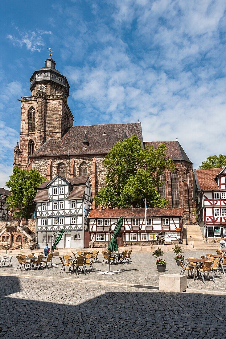 St. Marien church and traditional houses at the market square in Homberg Efze on the German Fairy Tale Route, Hesse, Germany, Europe