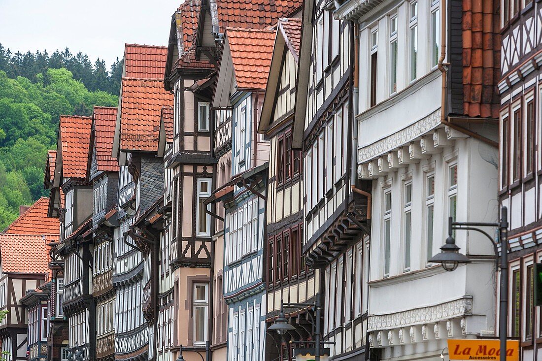 Row of timbered houses in Hannoversch Muenden on the German Fairy Tale Route, Lower Saxony, Germany, Europe