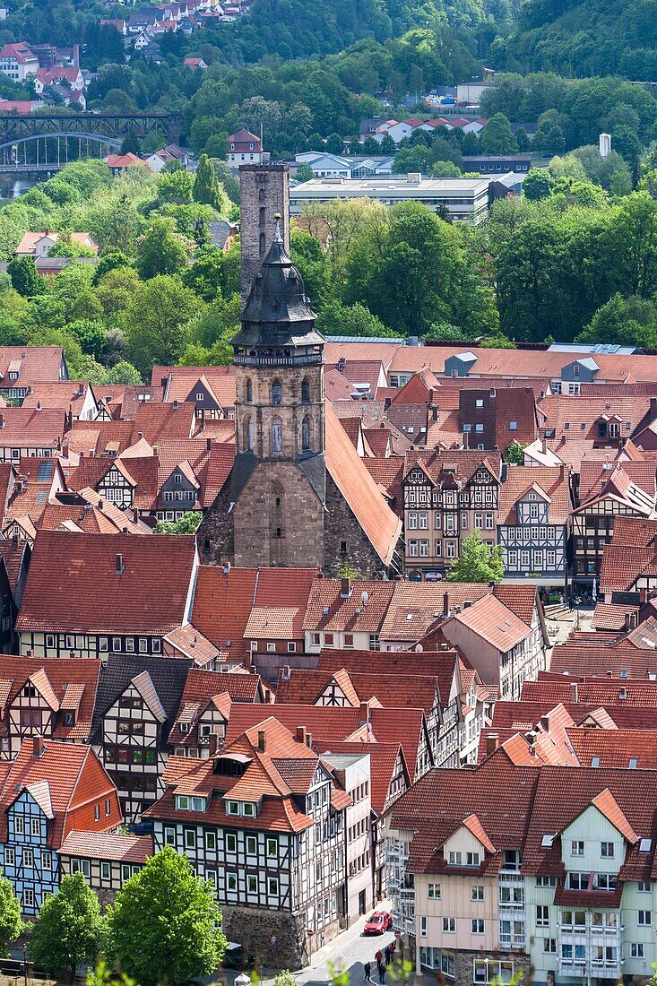 Overview of the picturesque town of Hannoversch Muenden on the German Fairy Tale Route, Lower Saxony, Germany, Europe