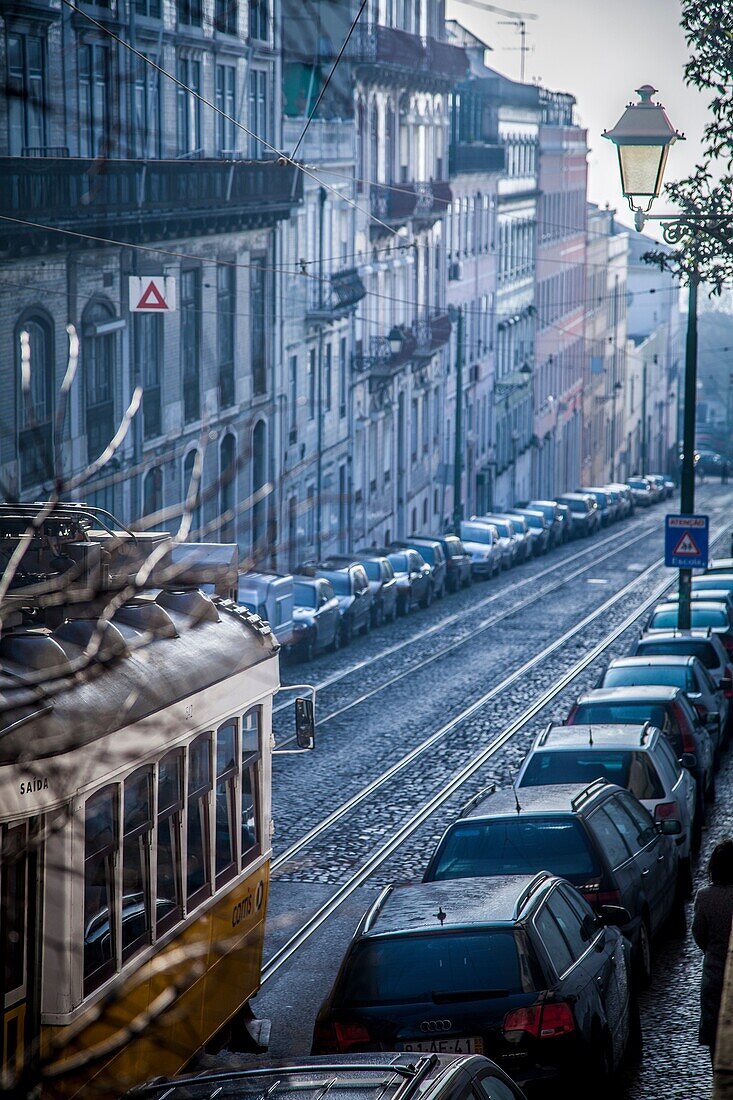 Classic old tram in the streets of Alfama in Lisbon, Portugal