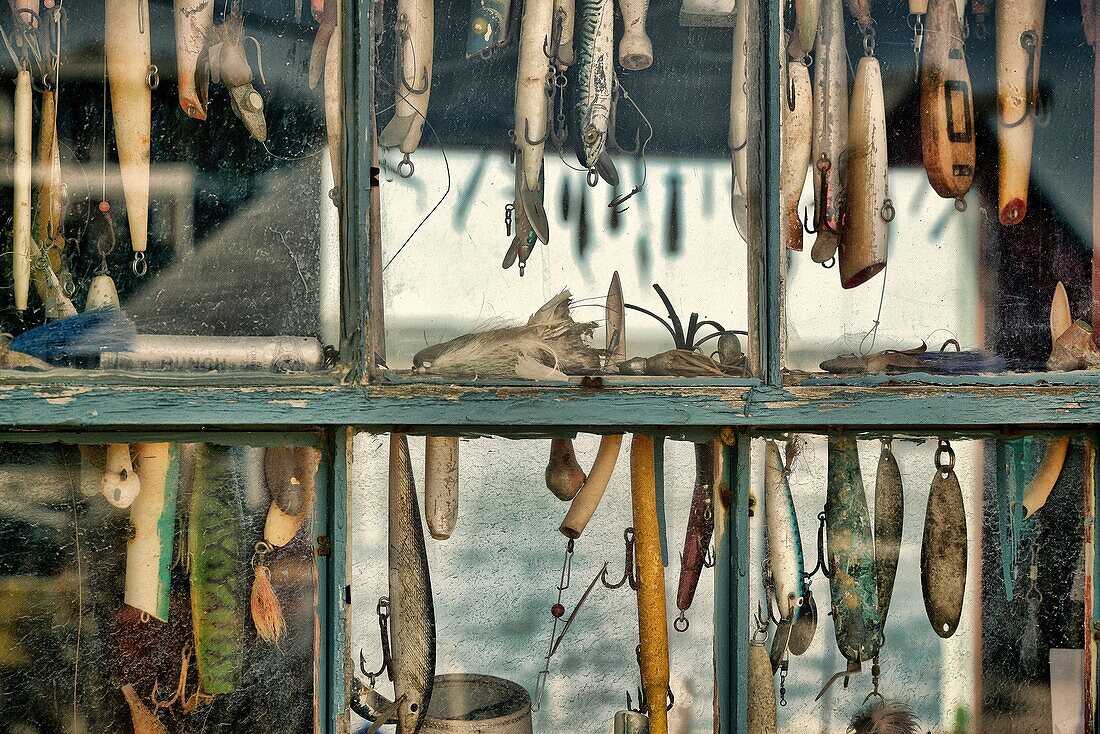 Hooks and lures in a fishing shack window, Menemsha, Chilmark, Martha´s Vineyard, Massachusetts