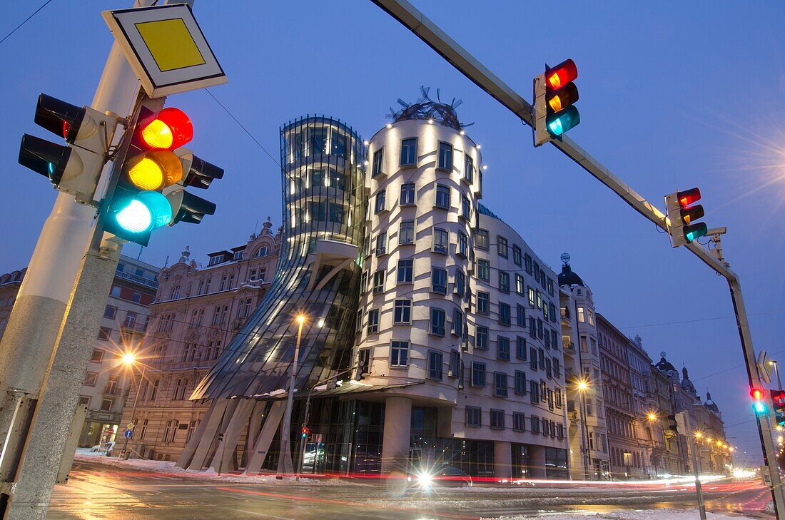evening winter shot, Dancing House, Prague, Czech Republic Dancing House was designed by Vlado Milunic and Frank Gehry The building was completed in 1996