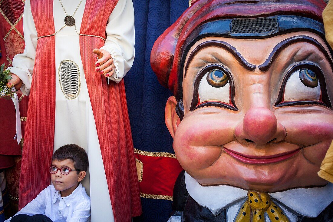 Cabezudo big headed figure during La Merce Festival, in Plaça de Sant Jaume  Barcelona  Catalonia  Spain