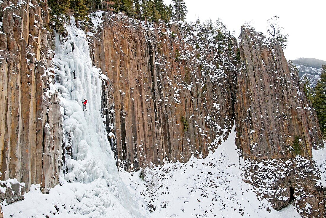 Mark Weber ice climbing Palisade Falls which is rated WI-4 and located in Hyalite Canyon in the Gallatin Mountains near the city of Bozeman in southern Montana