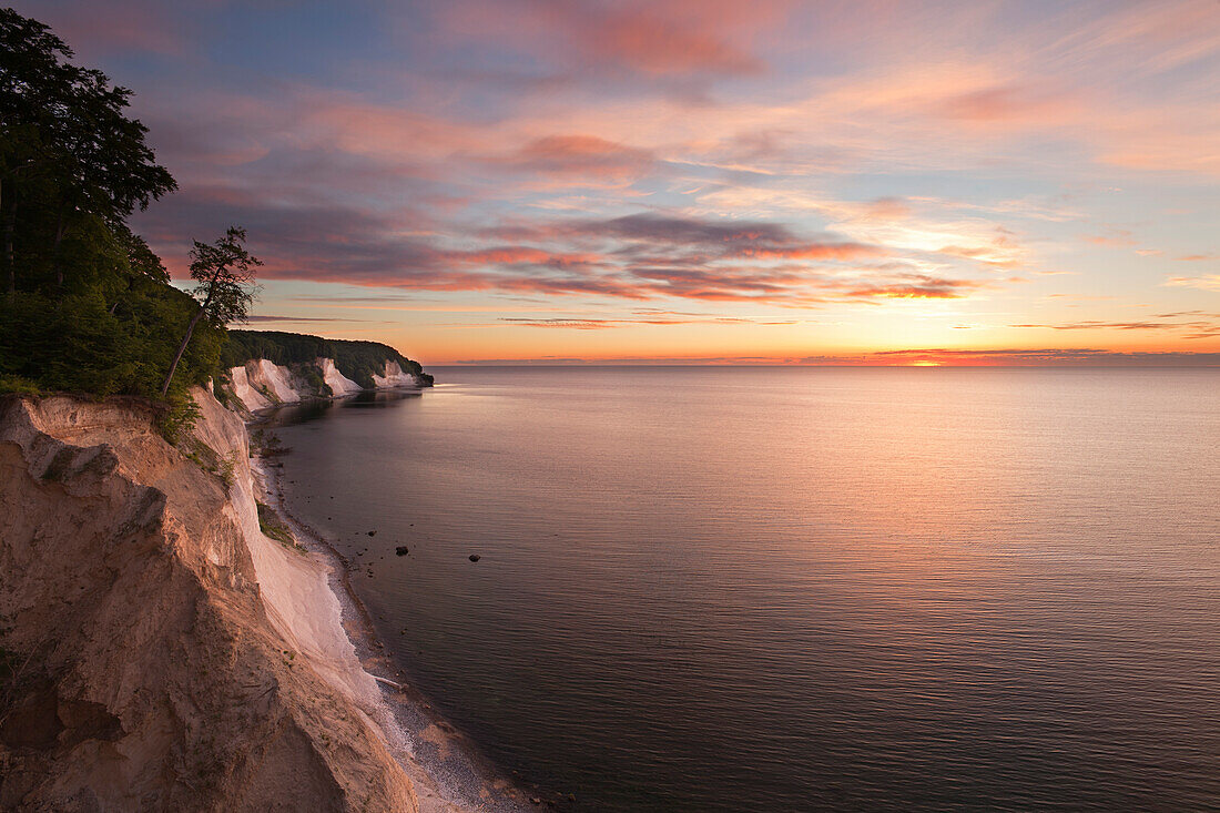 Chalk cliffs at sunrise, Jasmund National Park, Ruegen island, Baltic Sea, Mecklenburg Western-Pomerania, Germany