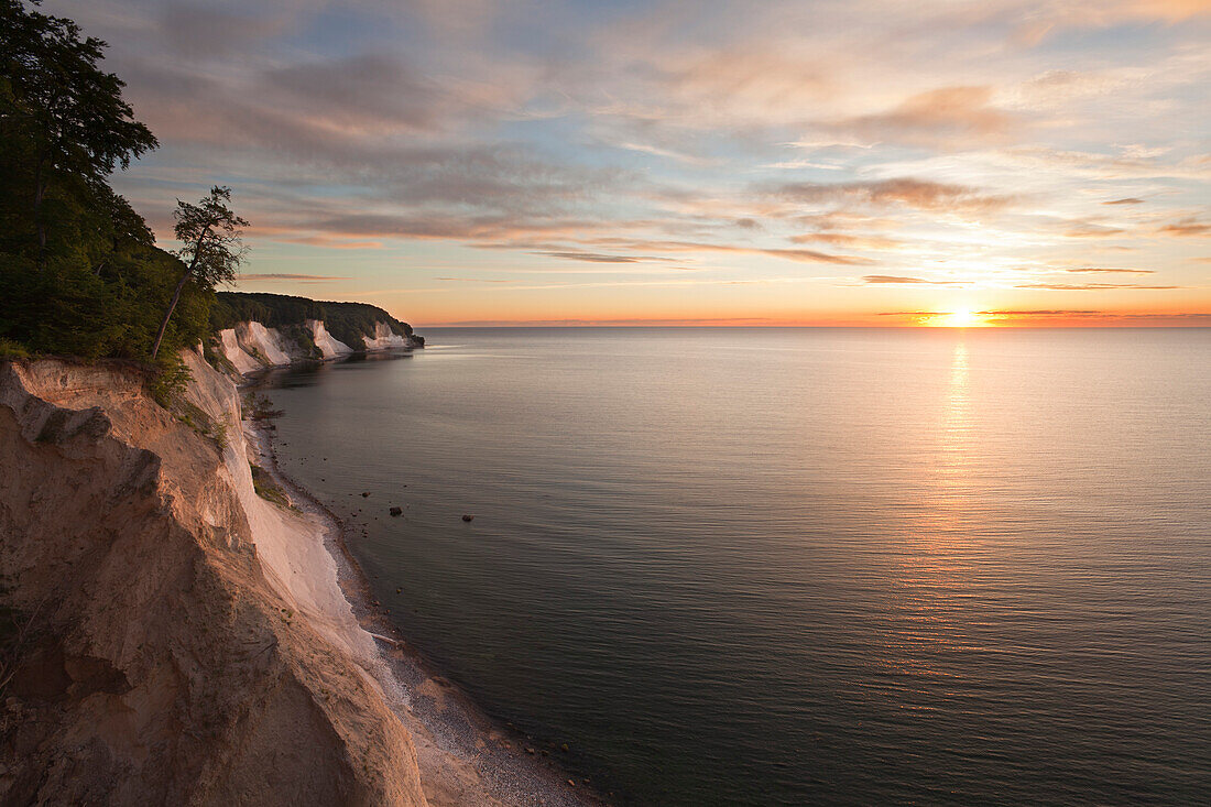 Chalk cliffs at sunrise, Jasmund National Park, Ruegen island, Baltic Sea, Mecklenburg Western-Pomerania, Germany