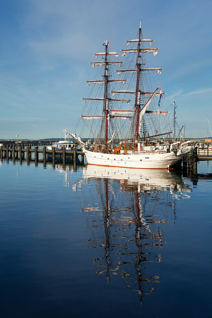 Sailing ship in the harbour, Sassnitz, Ruegen island, Baltic Sea, Mecklenburg Western-Pomerania, Germany