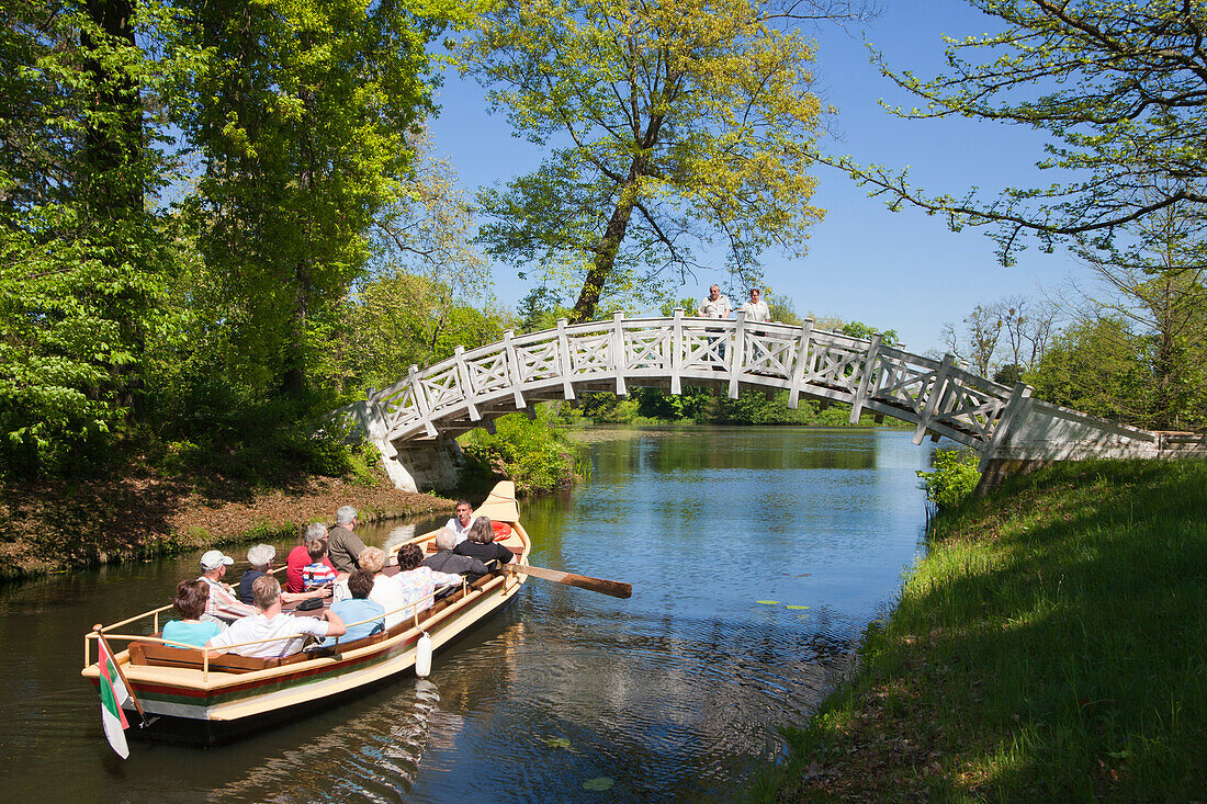 Boat trip on the canal, White bridge, Woerlitz, UNESCO world heritage Garden Kingdom of Dessau-Woerlitz, Saxony-Anhalt, Germany