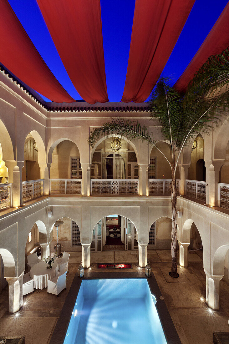 Inner courtyard by night, Riad Anayela, Marrakech, Morocco