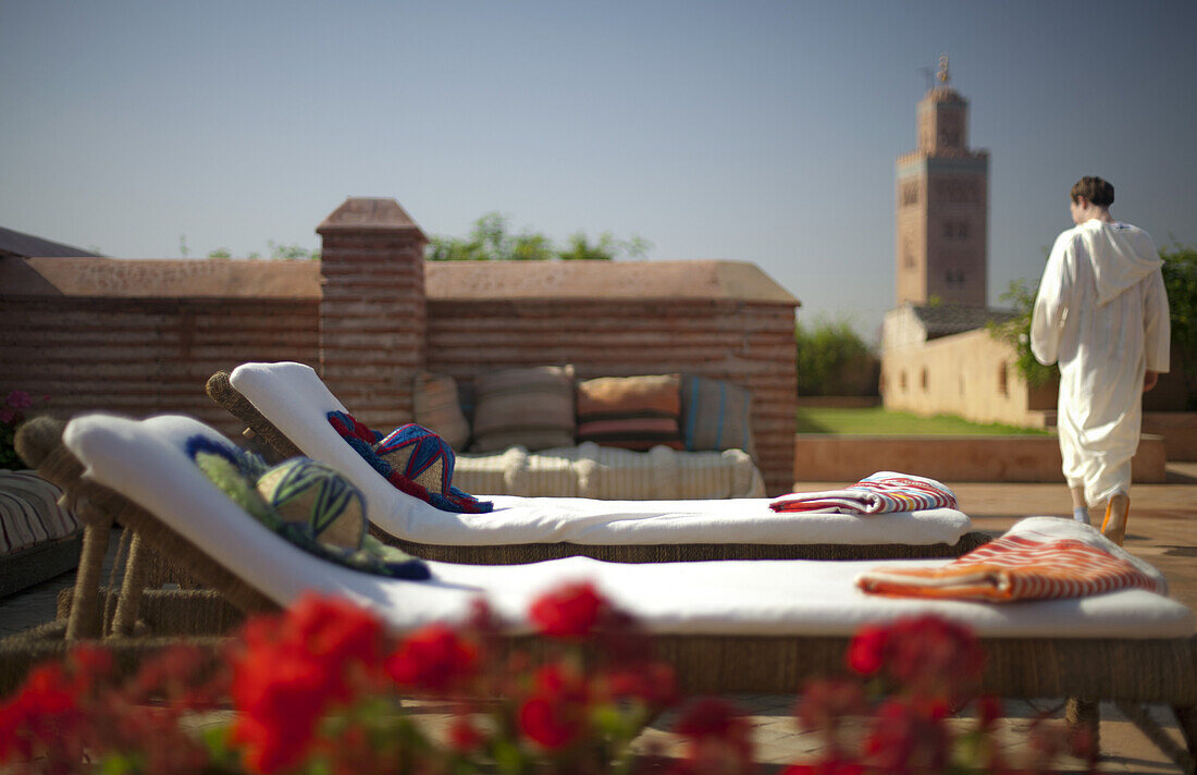 Sonnenliegen auf der Dachterrasse, El Fenn, Marrakesch, Marokko