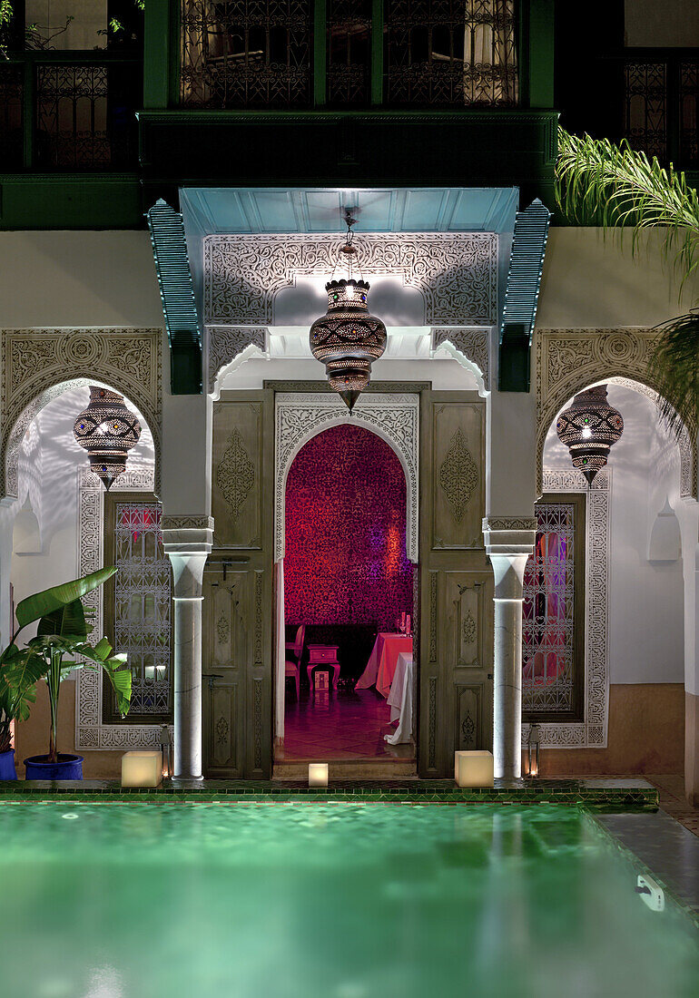 Courtyard and pool, Riad Farnatchi, Marrakech, Morocco