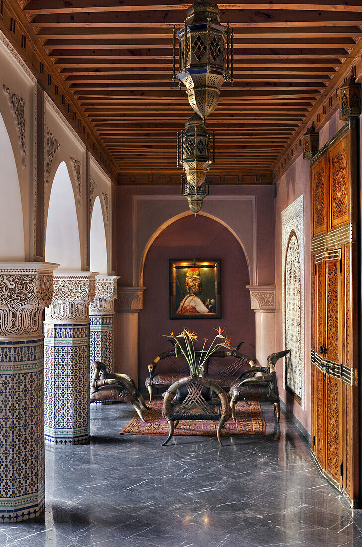 Sitting area in the Sheherazade courtyard, La Sultana, Marrakech, Morocco