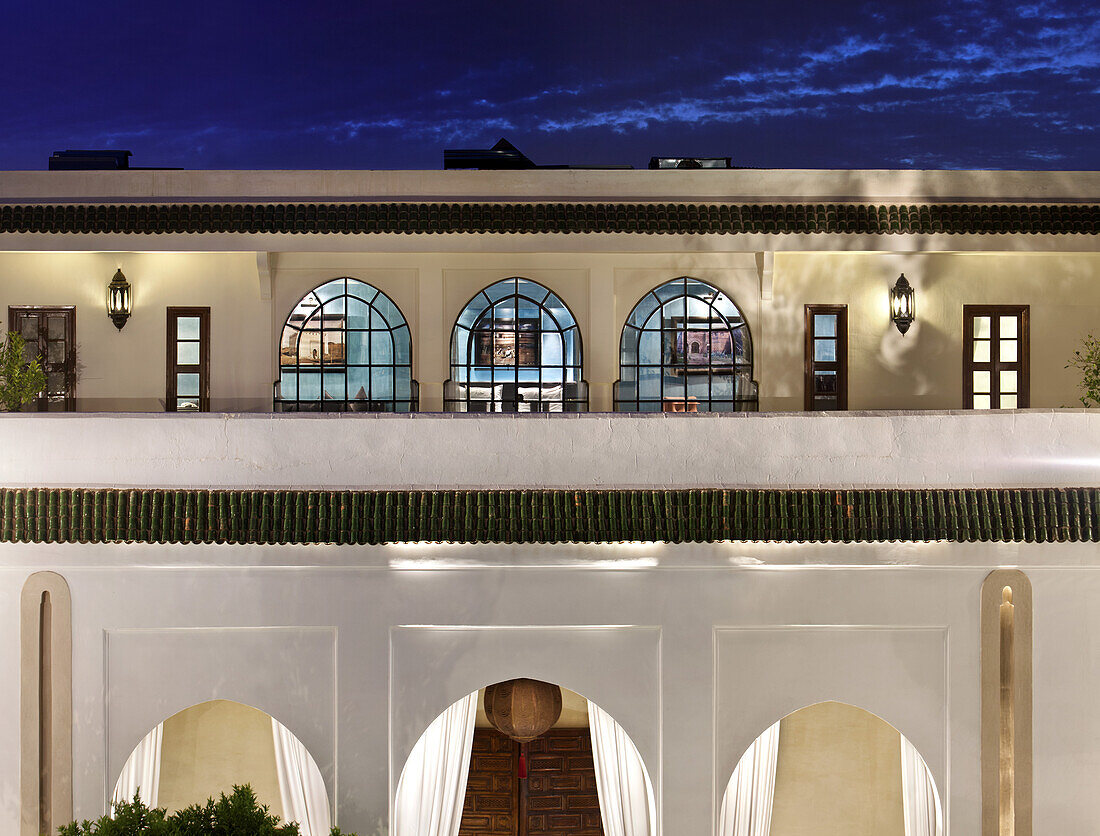 Illuminated Facade in the evening, Riad Lotus Privilege, Marrakech, Morocco