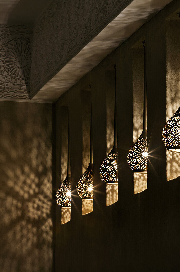 Moroccan lamps, Riad Nashira, Marrakech, Morocco