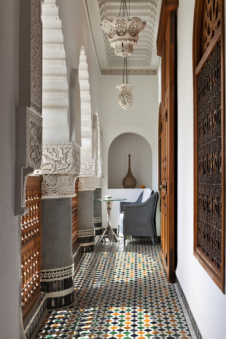 Arched gallery, Riad Enija, Marrakech, Morocco