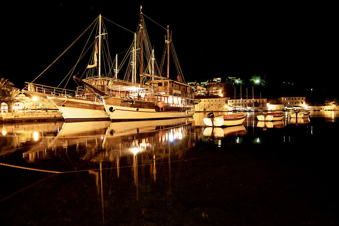 Sailboats in a port at the night, Hvar, Dalmatia, Croatia