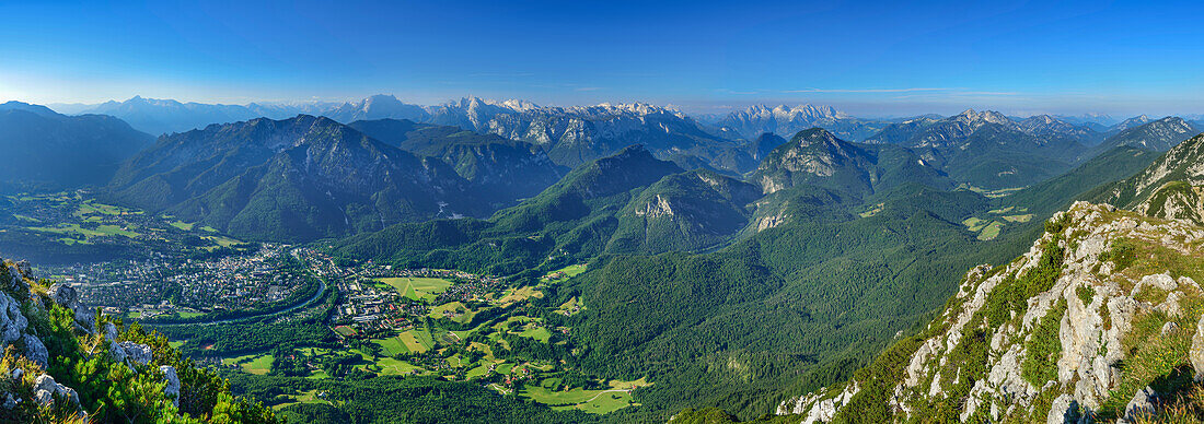 Panoramic view from mount Hochstaufen over valley of Bad Reichenhall and mountain scenery, Chiemgau, Upper Bavaria, Bavaria, Germany