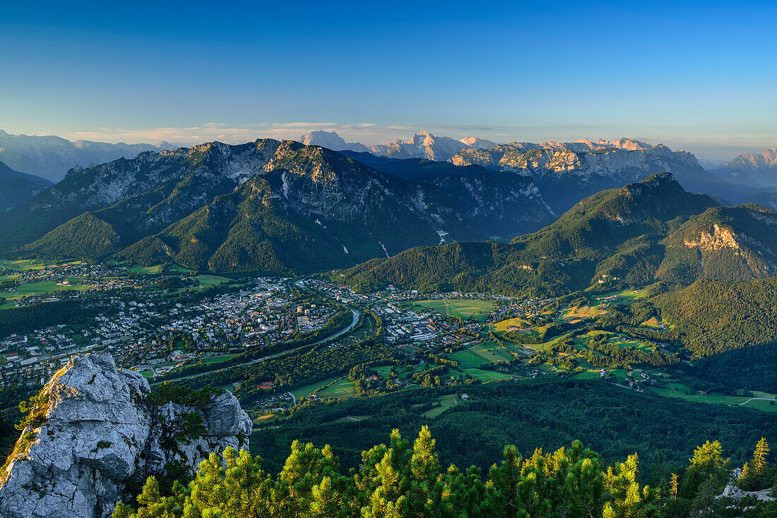 View from mount Hochstaufen over valley of Bad Reichenhall, Chiemgau Alps, Chiemgau, Upper Bavaria, Bavaria, Germany