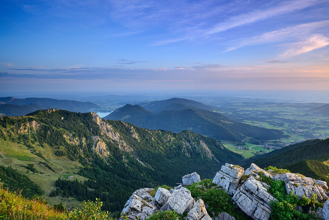 View from mount Aiplspitze over lake Tegernsee and Leitzach Valley, Bavarian Prealps, Upper Bavaria, Bavaria, Germany
