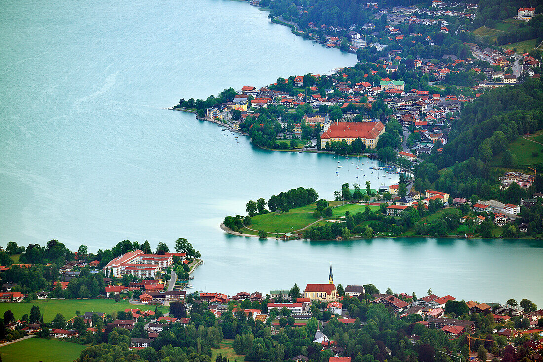 View over lake Tegernsee with Rottach and Tegernsee Abbey, Bavarian Alps, Upper Bavaria, Bavaria, Germany