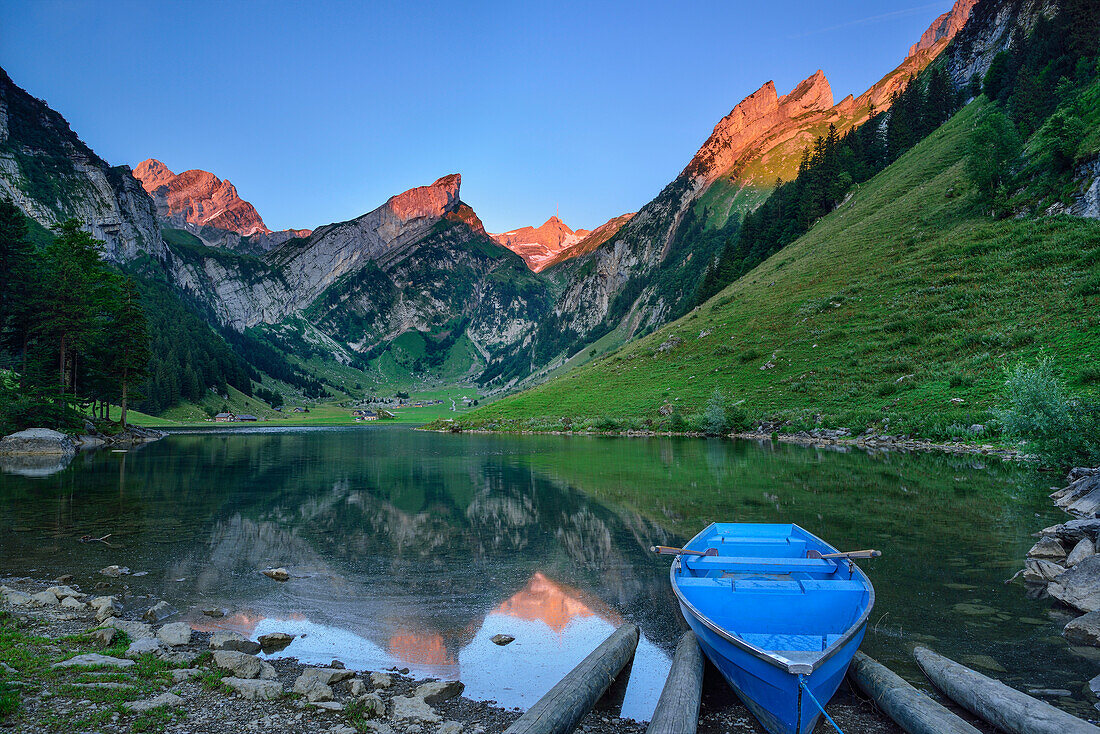 View over lake Seealpsee to mount Saentis, Alpstein, Appenzell Alps, Canton of Appenzell Innerrhoden, Switzerland