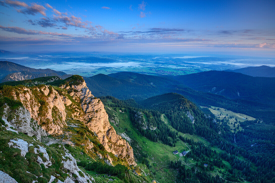 View to north face of Benediktenwand and hut Tutzinger Huette, Bavarian Prealps, Upper Bavaria, Bavaria, Germany