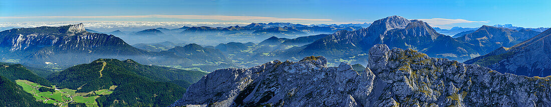 Panoramic view from mount Hochkalter over mountain scenery, Berchtesgaden National Park, Berchtesgaden Alps, Upper Bavaria, Bavaria, Germany