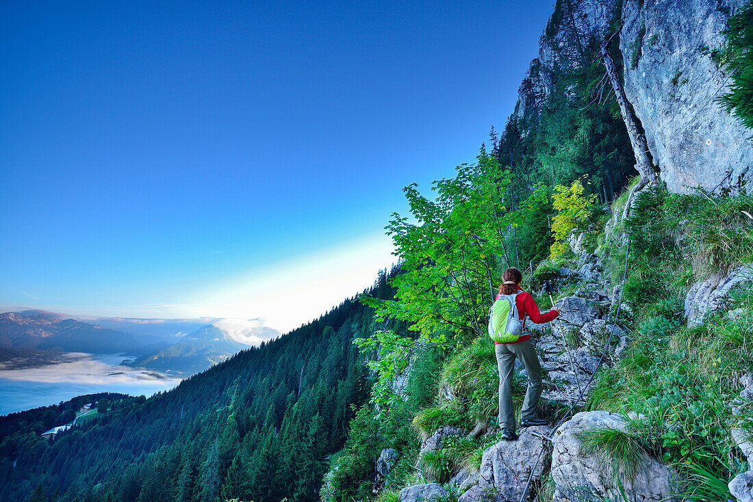 Frau steigt zum Hoher Göll auf, Nationalpark Berchtesgaden, Berchtesgadener Alpen, Oberbayern, Bayern, Deutschland