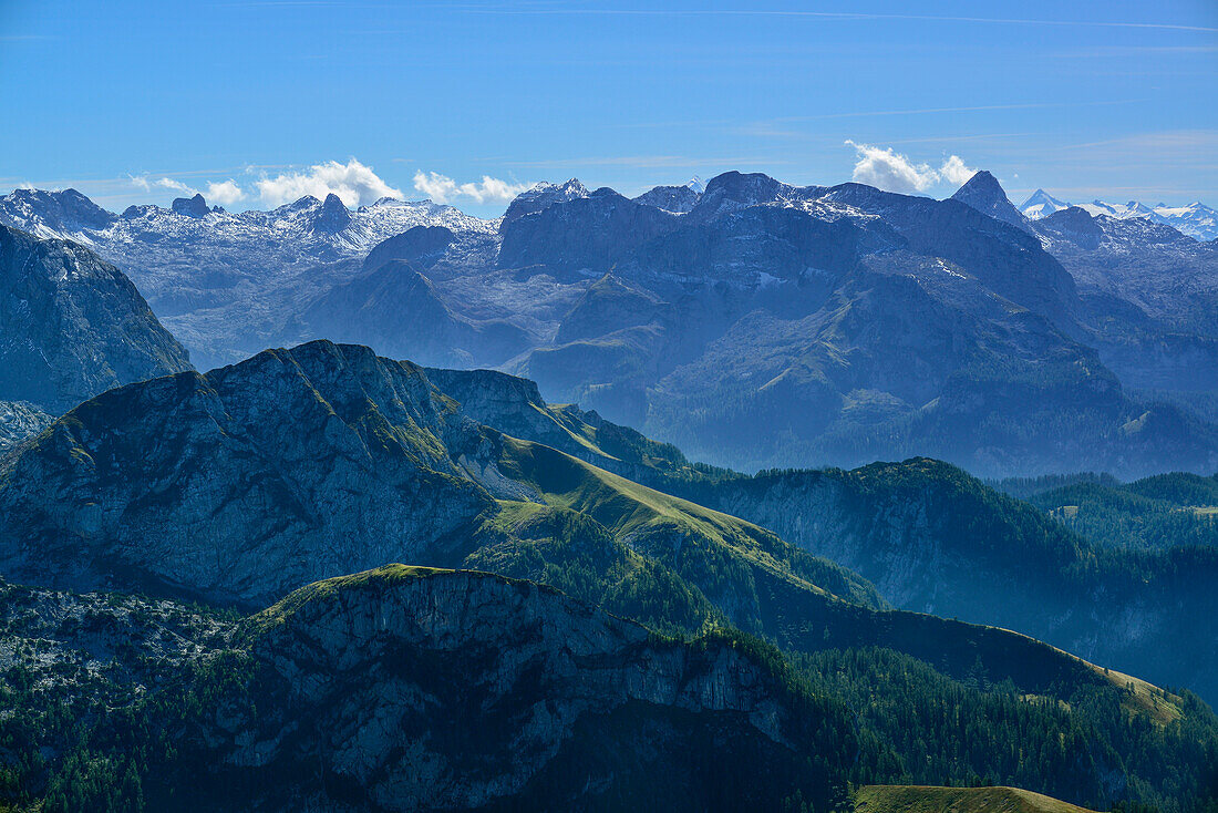 Blick von Hohes Brett auf Steineres Meer mit Funtenseetauern und Schönfeldspitze, Nationalpark Berchtesgaden, Berchtesgadener Alpen, Oberbayern, Bayern, Deutschland