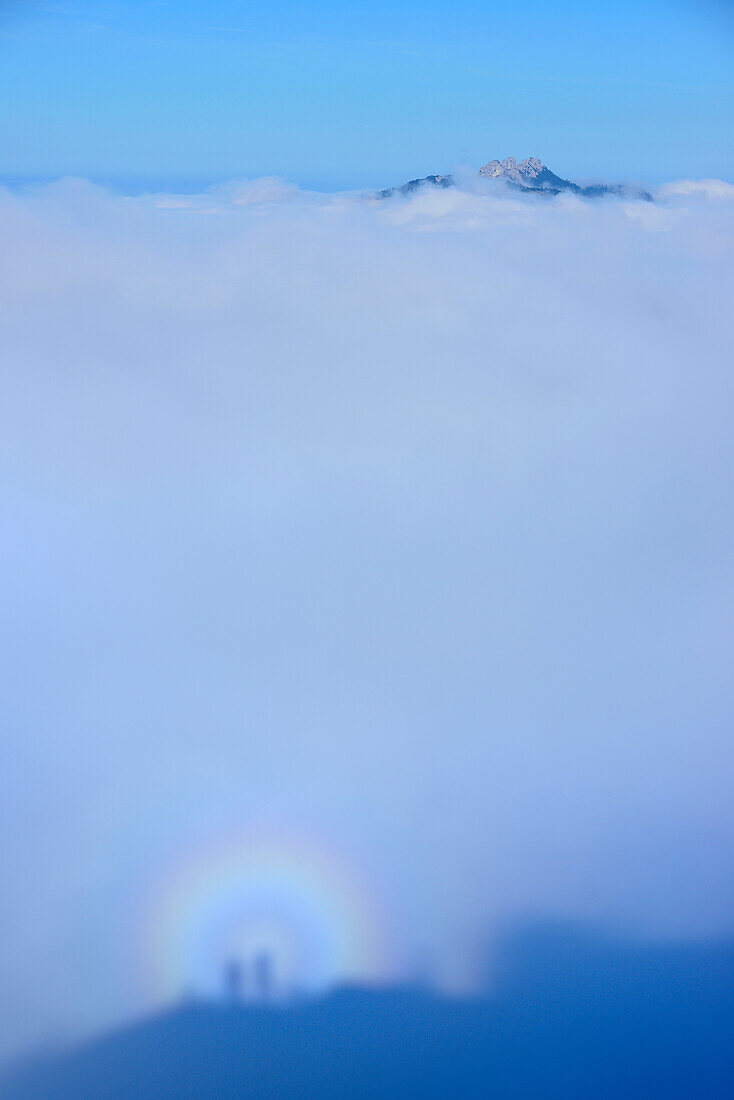 Silhouettes of two persons in fog, Brocken spectre, Kampenwand in background, Spitzstein, Chiemgau Alps, Upper Bavaria, Bavaria, Germany