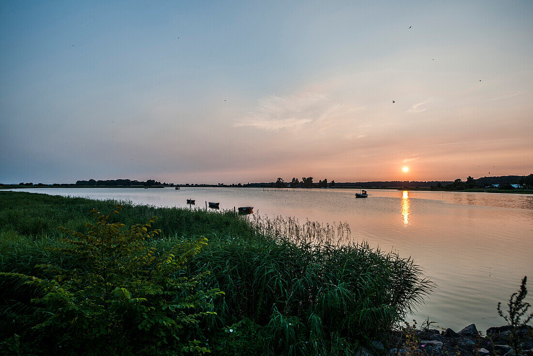 Sunset on the island of Ummanz, island of Ruegen, Mecklenburg-Western Pomerania, Germany